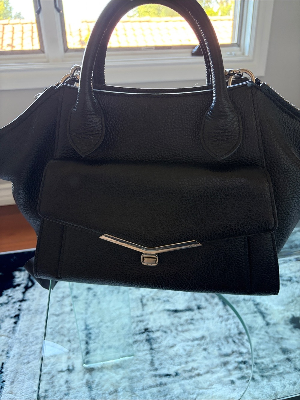 Botkier Black Pebbled Leather Satchel with Silver Hardware Accent